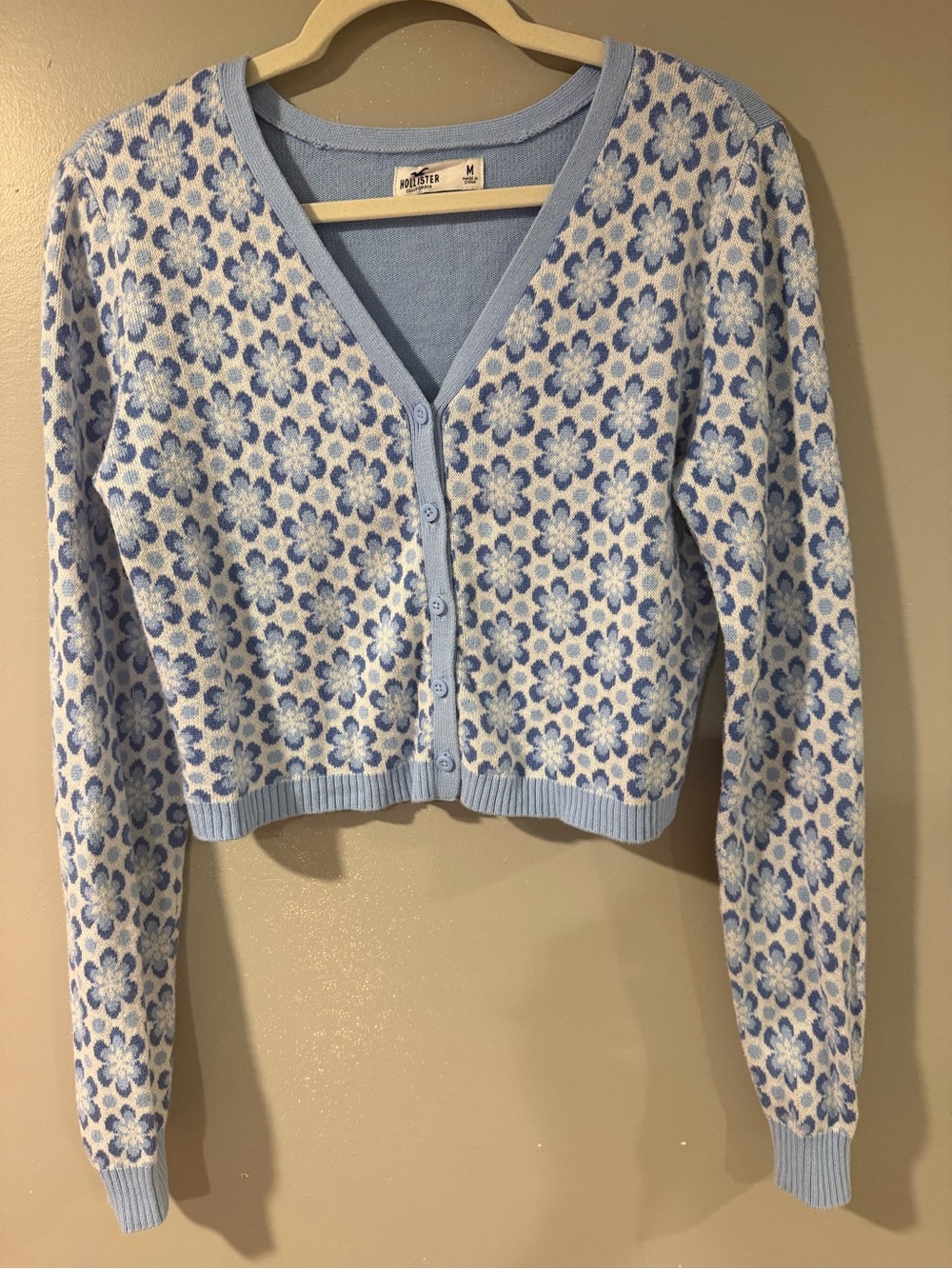 Hollister Blue & White Floral V-Neck Button Cardigan Sweater